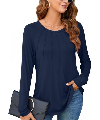 Womens Fall Long Sleeve Tunic Tops for Leggings Casual Loose Fit Dressy Blouses Fashion Pleated Shirts Dark Blue $12.74 Tops