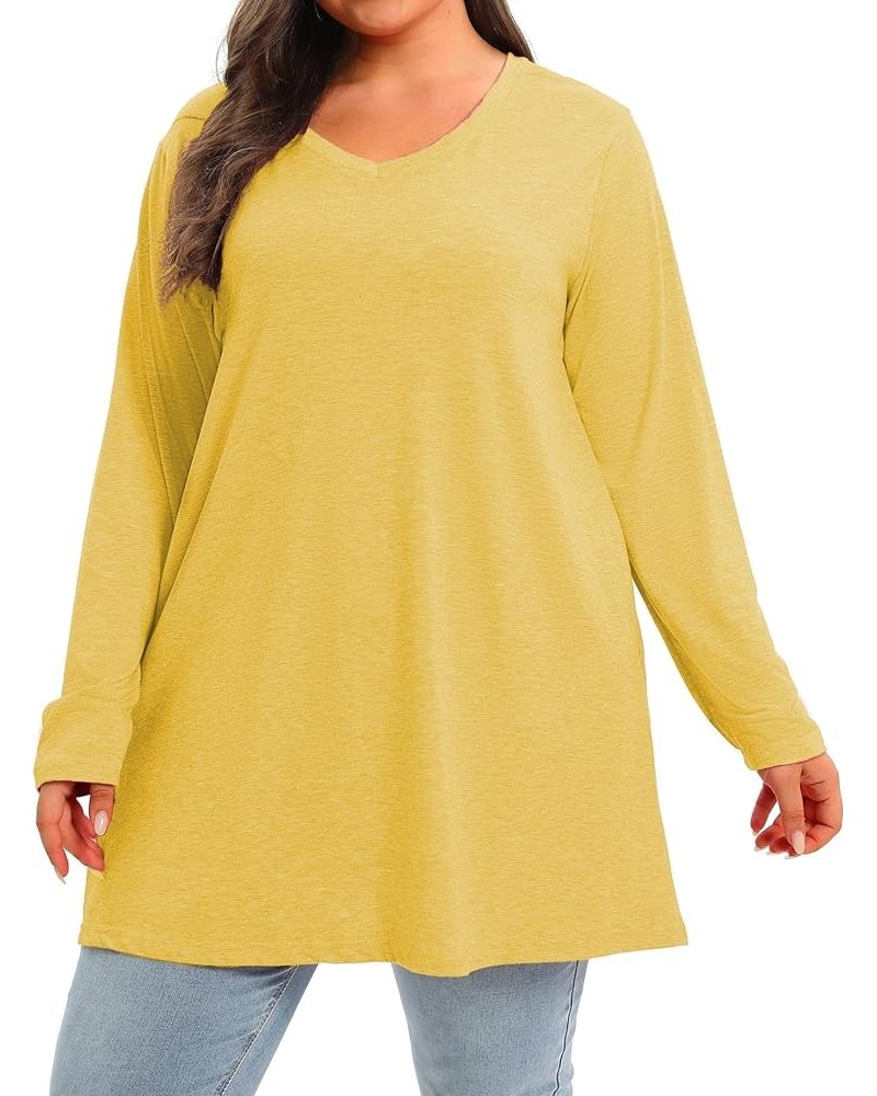 Plus Size V Neck Long Sleeve Tunic Tops Women Fall Long Shirts Tshirts Tee Loose Fit Tunics 02-yellow $9.35 Tops