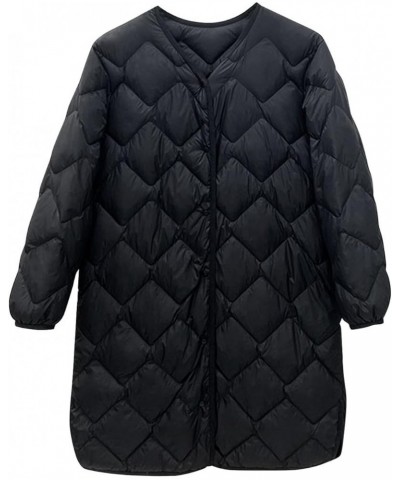 Plus Size Women Long Quilted Coat Collarless Long Sleeve Puffer Jacket Padded Down Winter Warm Loose Fit Outerwear Black $26....