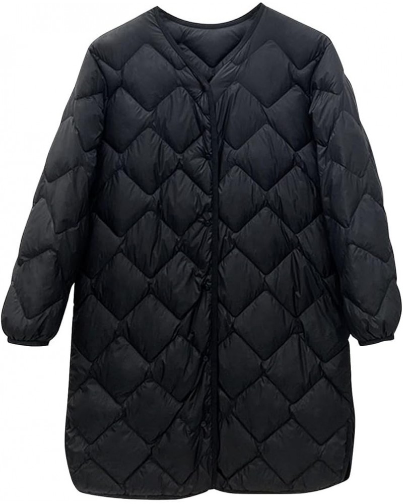 Plus Size Women Long Quilted Coat Collarless Long Sleeve Puffer Jacket Padded Down Winter Warm Loose Fit Outerwear Black $26....