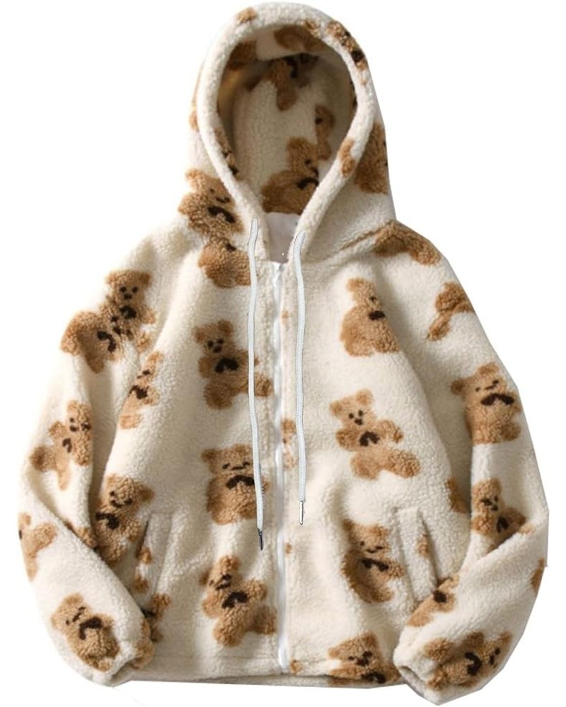 Oversized Sherpa Jacket for Women Fuzzy Fleece Cute Teddy Bear Print Coat Zip Up Long Sleeve Hooded Outwear with Pocket White...