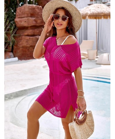 Womens Bathing Suit Cover Ups Sexy Crochet Tie Waist Bikini Swimwear Beach Swimsuit Coverup Hot Pink $14.15 Swimsuits