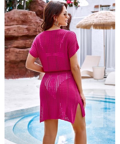 Womens Bathing Suit Cover Ups Sexy Crochet Tie Waist Bikini Swimwear Beach Swimsuit Coverup Hot Pink $14.15 Swimsuits