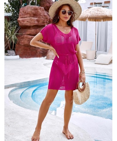 Womens Bathing Suit Cover Ups Sexy Crochet Tie Waist Bikini Swimwear Beach Swimsuit Coverup Hot Pink $14.15 Swimsuits