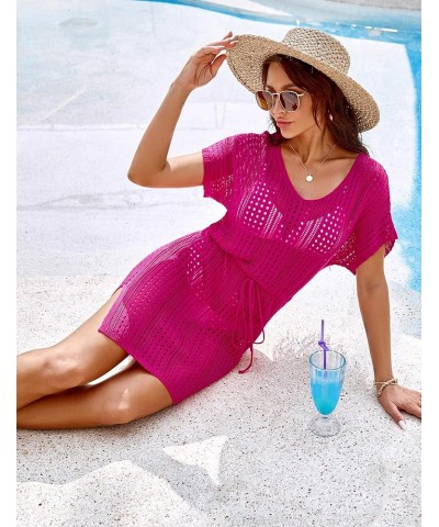 Womens Bathing Suit Cover Ups Sexy Crochet Tie Waist Bikini Swimwear Beach Swimsuit Coverup Hot Pink $14.15 Swimsuits