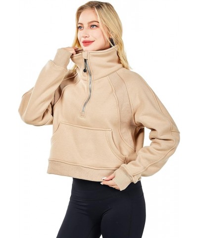 Spring Outfits for Women 2024 Athletic Fashion Sweatshirt Fleece Lined half Zip Pullover Thumb Hole Workout Tops Khaki $17.14...