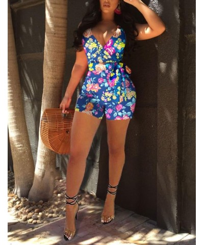 Women's Spaghetti Strap Romper Wrap Front V Neck Solid Shorts Jumpsuit with Belt Blue Floral $13.95 Rompers