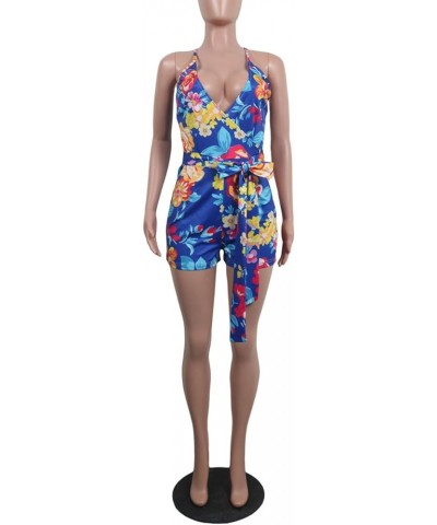 Women's Spaghetti Strap Romper Wrap Front V Neck Solid Shorts Jumpsuit with Belt Blue Floral $13.95 Rompers