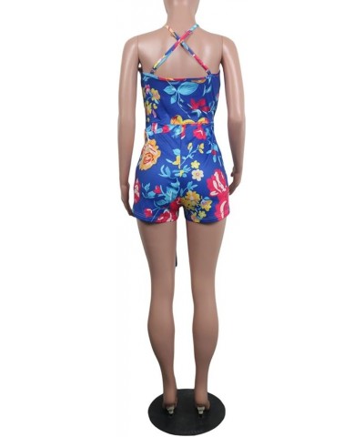 Women's Spaghetti Strap Romper Wrap Front V Neck Solid Shorts Jumpsuit with Belt Blue Floral $13.95 Rompers