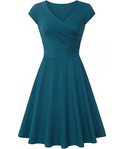 Women's Wrap V Neck Cap Half Sleeve Vintage Casual Work Party Tea Swing Dress Turquoise $14.49 Dresses