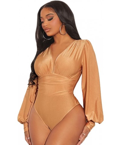 Women's Deep V Neck Long Sleeve Solid Wrap Surplice Bodysuit Brown Solid $14.02 Bodysuits