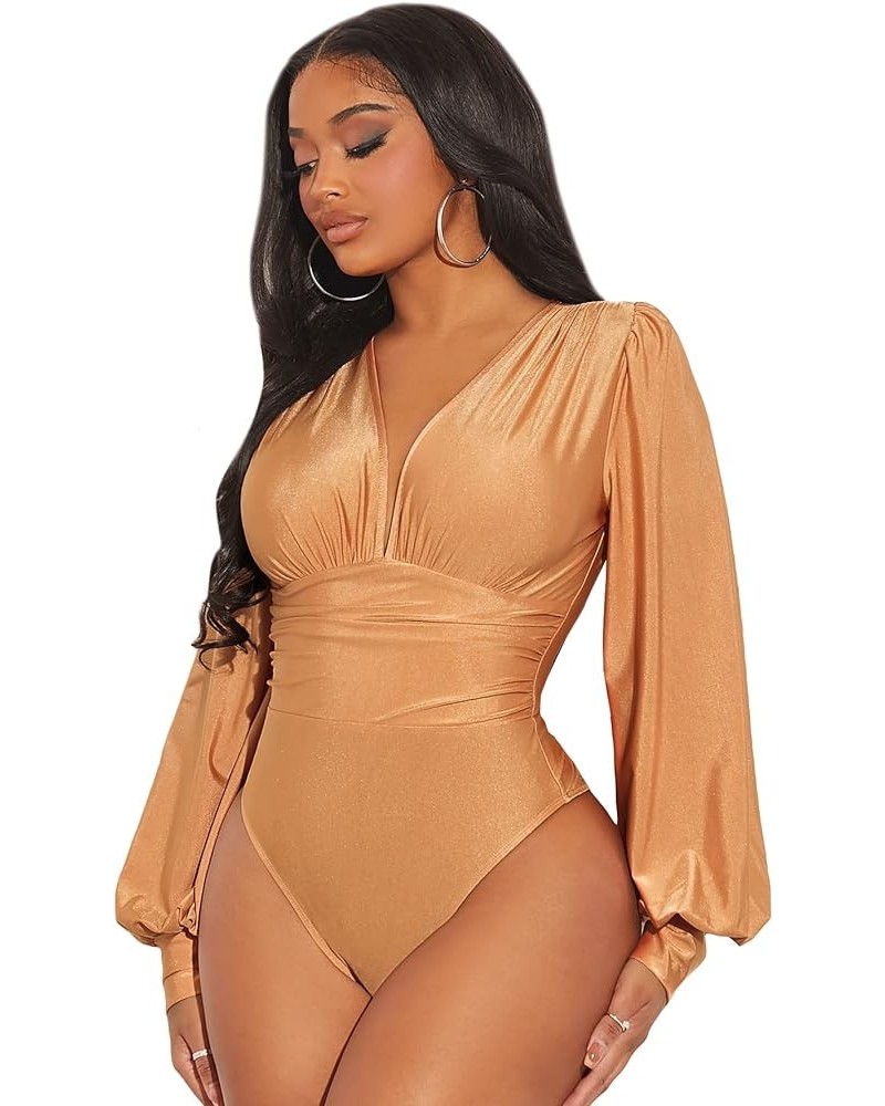 Women's Deep V Neck Long Sleeve Solid Wrap Surplice Bodysuit Brown Solid $14.02 Bodysuits