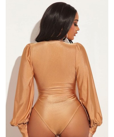 Women's Deep V Neck Long Sleeve Solid Wrap Surplice Bodysuit Brown Solid $14.02 Bodysuits