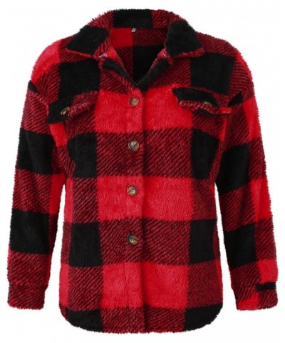 Flannel Plaid Shacket Jacket Women Winter Trench Coat Lapel Button Down Outwear Casual Pocket Oversized Shackets Coat A04-red...