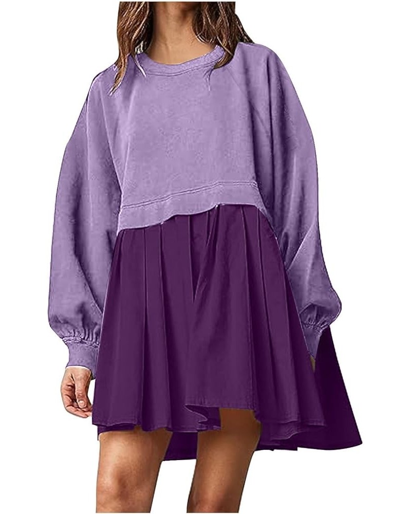 Womens Oversized Sweatshirt Dresses Long Sleeve Crewneck Pullover Tops Patchwork Sweatshirts 2024 Fall Mini Dress F-purple $1...