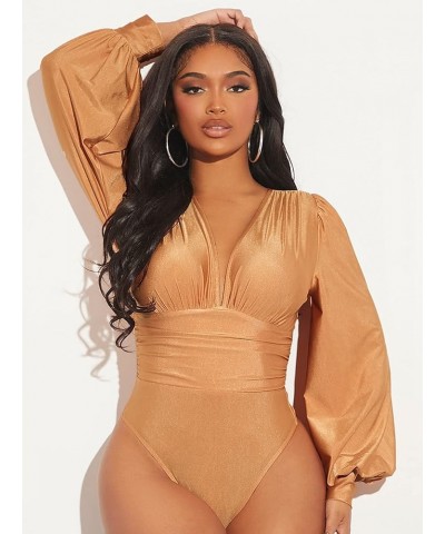 Women's Deep V Neck Long Sleeve Solid Wrap Surplice Bodysuit Brown Solid $14.02 Bodysuits