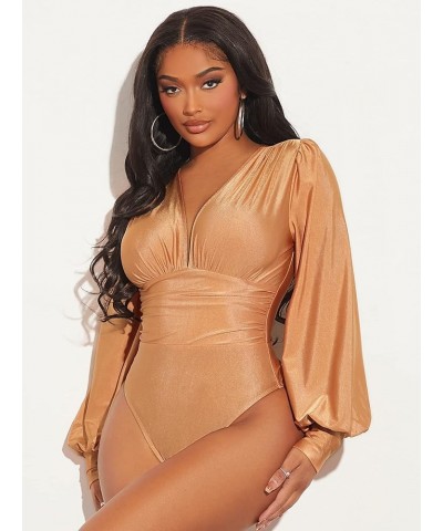 Women's Deep V Neck Long Sleeve Solid Wrap Surplice Bodysuit Brown Solid $14.02 Bodysuits