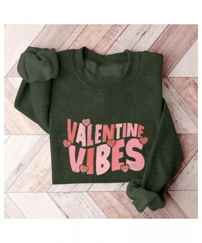 Valentines Sweatshirt for Women Warm Long Sleeve Shirts Cute Love Heart Graphic Tees Crewneck Fleece Lined Pullover C-army Gr...