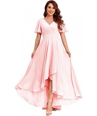 Women's V Neck Bridesmaid Dresses for Wedding Long Chiffon High Low Formal Dress with Sleeves Blush Pink $31.85 Dresses