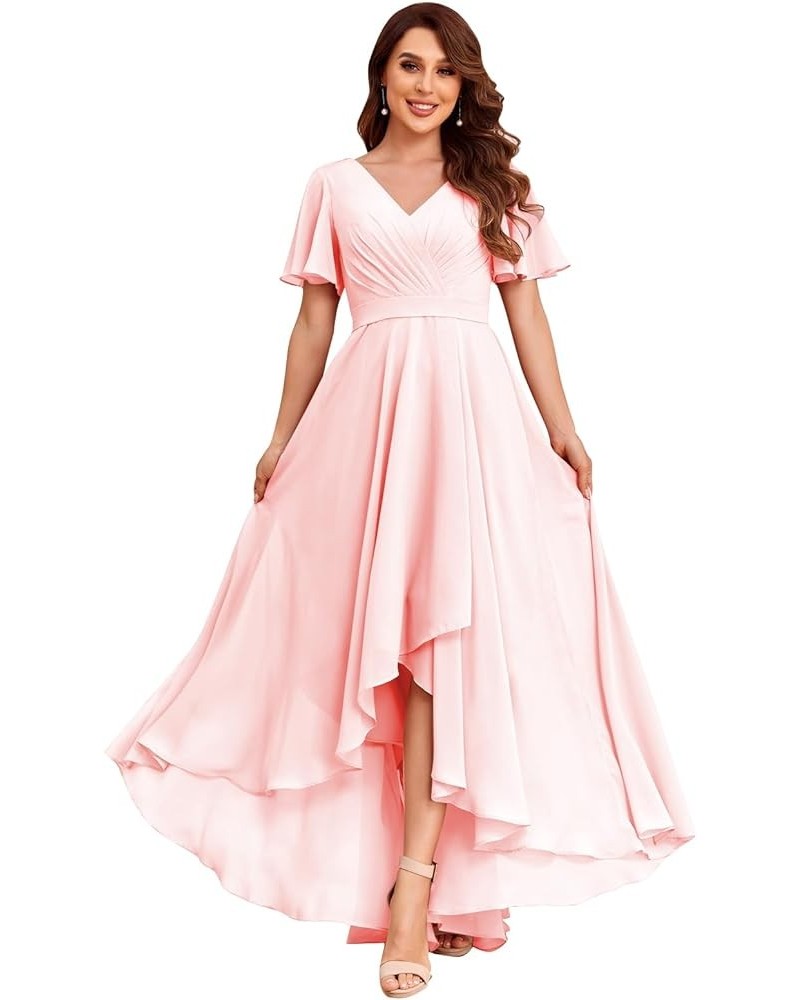 Women's V Neck Bridesmaid Dresses for Wedding Long Chiffon High Low Formal Dress with Sleeves Blush Pink $31.85 Dresses