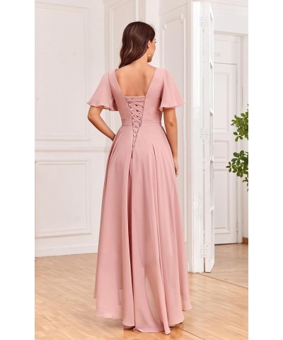 Women's V Neck Bridesmaid Dresses for Wedding Long Chiffon High Low Formal Dress with Sleeves Blush Pink $31.85 Dresses