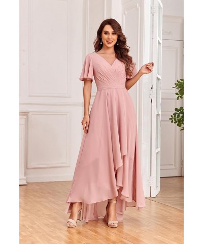 Women's V Neck Bridesmaid Dresses for Wedding Long Chiffon High Low Formal Dress with Sleeves Blush Pink $31.85 Dresses