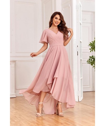 Women's V Neck Bridesmaid Dresses for Wedding Long Chiffon High Low Formal Dress with Sleeves Blush Pink $31.85 Dresses