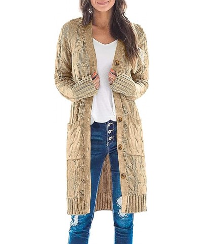 Women's Long Sleeve Cable Knit Cardigan Sweaters 2023 Open Front Long Cardigans Button Up Outerwear Khaki $25.19 Sweaters