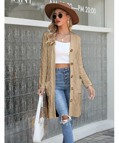 Women's Long Sleeve Cable Knit Cardigan Sweaters 2023 Open Front Long Cardigans Button Up Outerwear Khaki $25.19 Sweaters