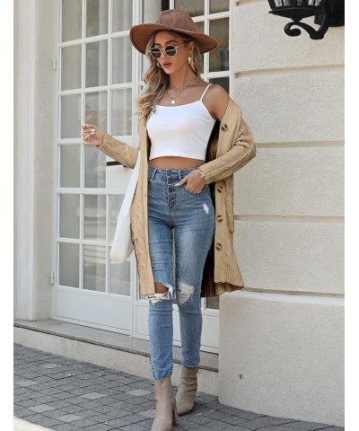 Women's Long Sleeve Cable Knit Cardigan Sweaters 2023 Open Front Long Cardigans Button Up Outerwear Khaki $25.19 Sweaters