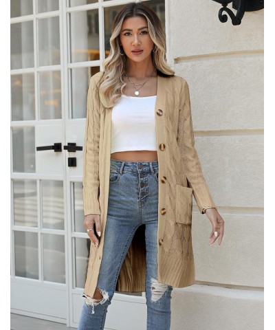 Women's Long Sleeve Cable Knit Cardigan Sweaters 2023 Open Front Long Cardigans Button Up Outerwear Khaki $25.19 Sweaters