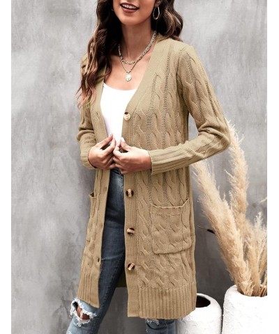 Women's Long Sleeve Cable Knit Cardigan Sweaters 2023 Open Front Long Cardigans Button Up Outerwear Khaki $25.19 Sweaters