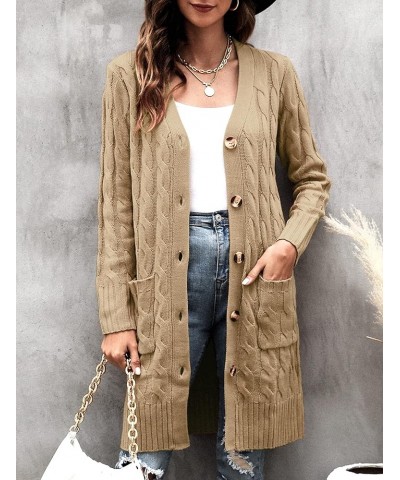 Women's Long Sleeve Cable Knit Cardigan Sweaters 2023 Open Front Long Cardigans Button Up Outerwear Khaki $25.19 Sweaters