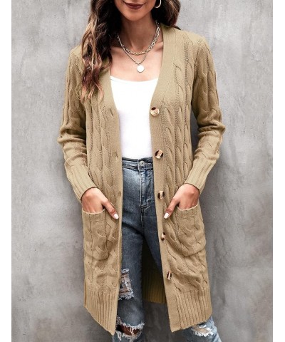 Women's Long Sleeve Cable Knit Cardigan Sweaters 2023 Open Front Long Cardigans Button Up Outerwear Khaki $25.19 Sweaters