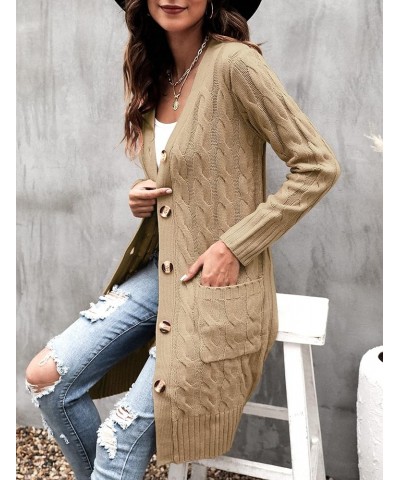 Women's Long Sleeve Cable Knit Cardigan Sweaters 2023 Open Front Long Cardigans Button Up Outerwear Khaki $25.19 Sweaters