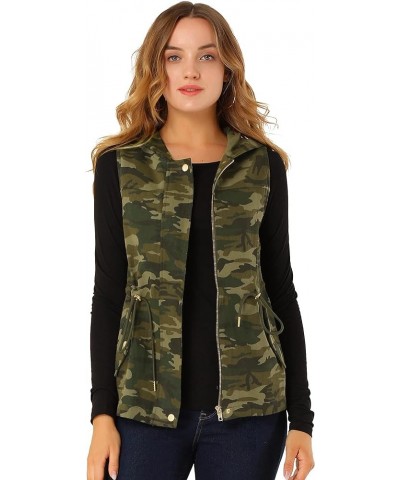 Women's Camo Vest Hooded Drawstring Waist Cargo Sleeveless Jacket Army Green $17.15 Vests