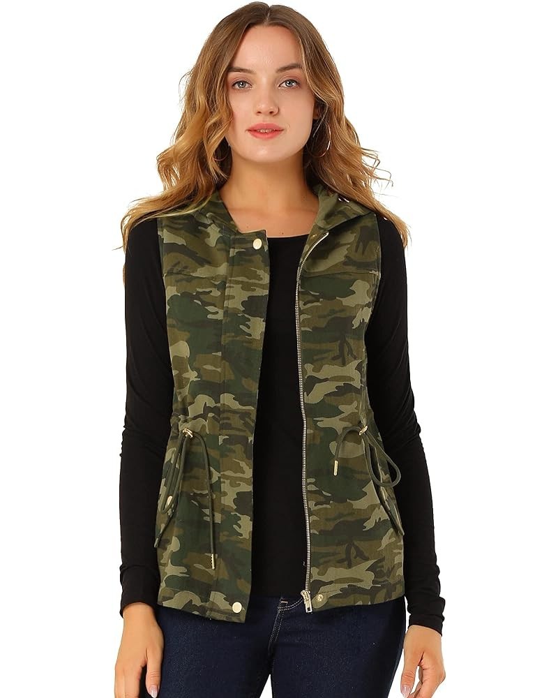 Women's Camo Vest Hooded Drawstring Waist Cargo Sleeveless Jacket Army Green $17.15 Vests