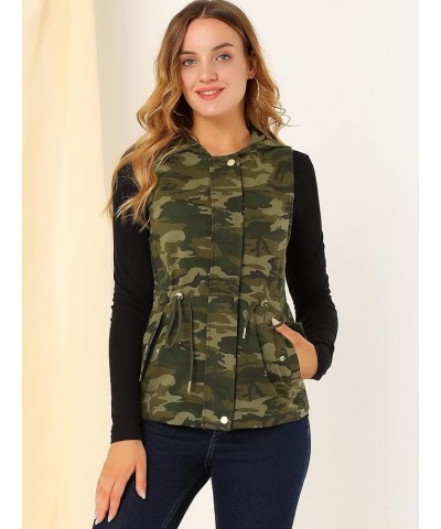 Women's Camo Vest Hooded Drawstring Waist Cargo Sleeveless Jacket Army Green $17.15 Vests