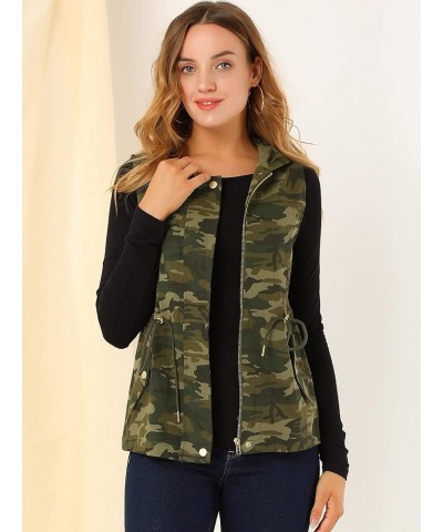 Women's Camo Vest Hooded Drawstring Waist Cargo Sleeveless Jacket Army Green $17.15 Vests