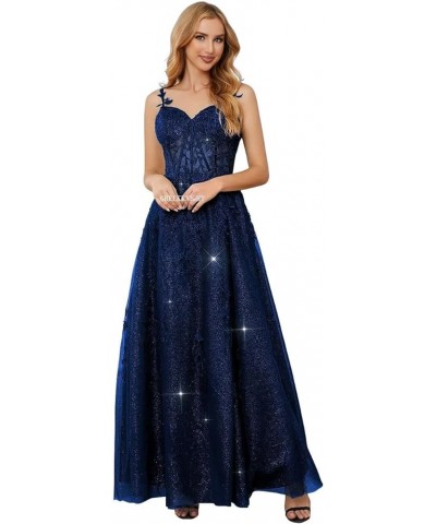 Glitter Tulle Prom Dresses 2024 Long Spaghetti Straps Lace Applique A-Line Evening Party Gowns with Slit Navy Blue $42.95 Dre...