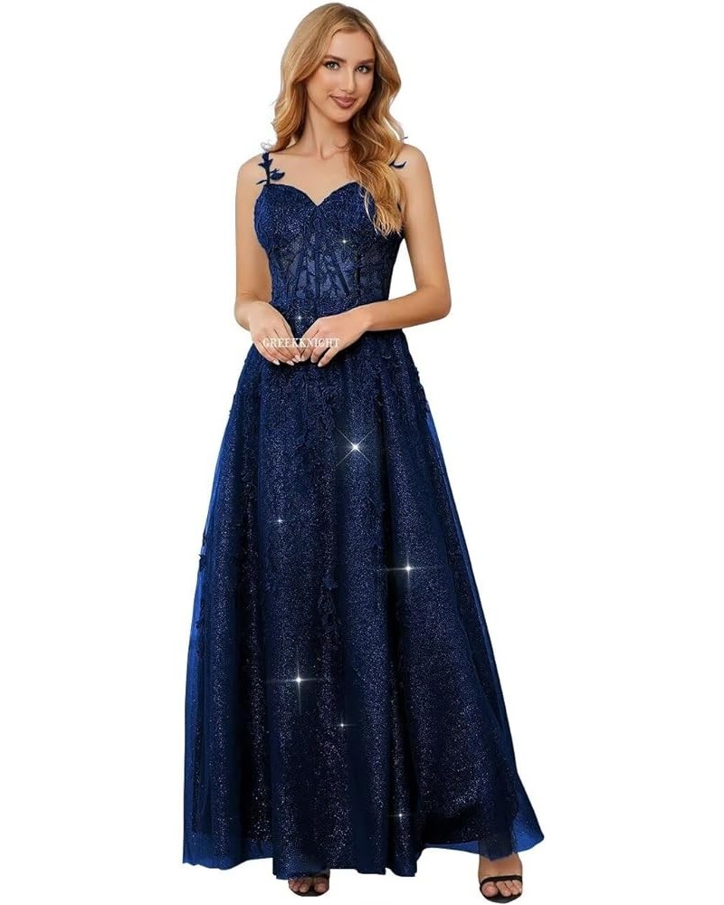 Glitter Tulle Prom Dresses 2024 Long Spaghetti Straps Lace Applique A-Line Evening Party Gowns with Slit Navy Blue $42.95 Dre...