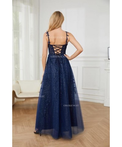 Glitter Tulle Prom Dresses 2024 Long Spaghetti Straps Lace Applique A-Line Evening Party Gowns with Slit Navy Blue $42.95 Dre...