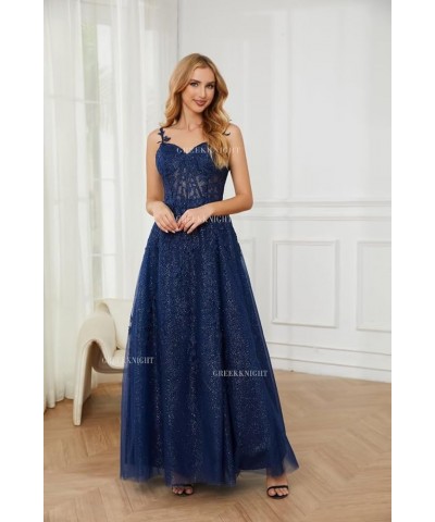 Glitter Tulle Prom Dresses 2024 Long Spaghetti Straps Lace Applique A-Line Evening Party Gowns with Slit Navy Blue $42.95 Dre...