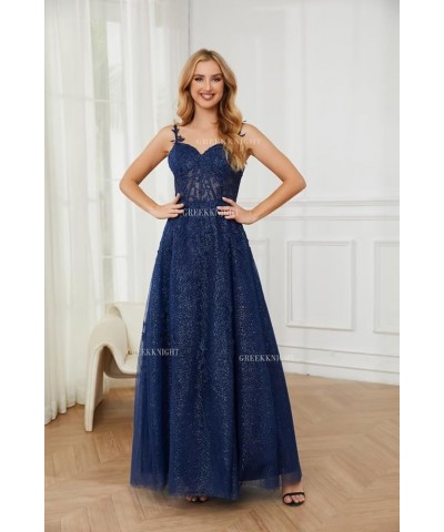 Glitter Tulle Prom Dresses 2024 Long Spaghetti Straps Lace Applique A-Line Evening Party Gowns with Slit Navy Blue $42.95 Dre...