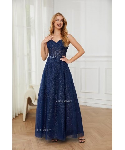 Glitter Tulle Prom Dresses 2024 Long Spaghetti Straps Lace Applique A-Line Evening Party Gowns with Slit Navy Blue $42.95 Dre...