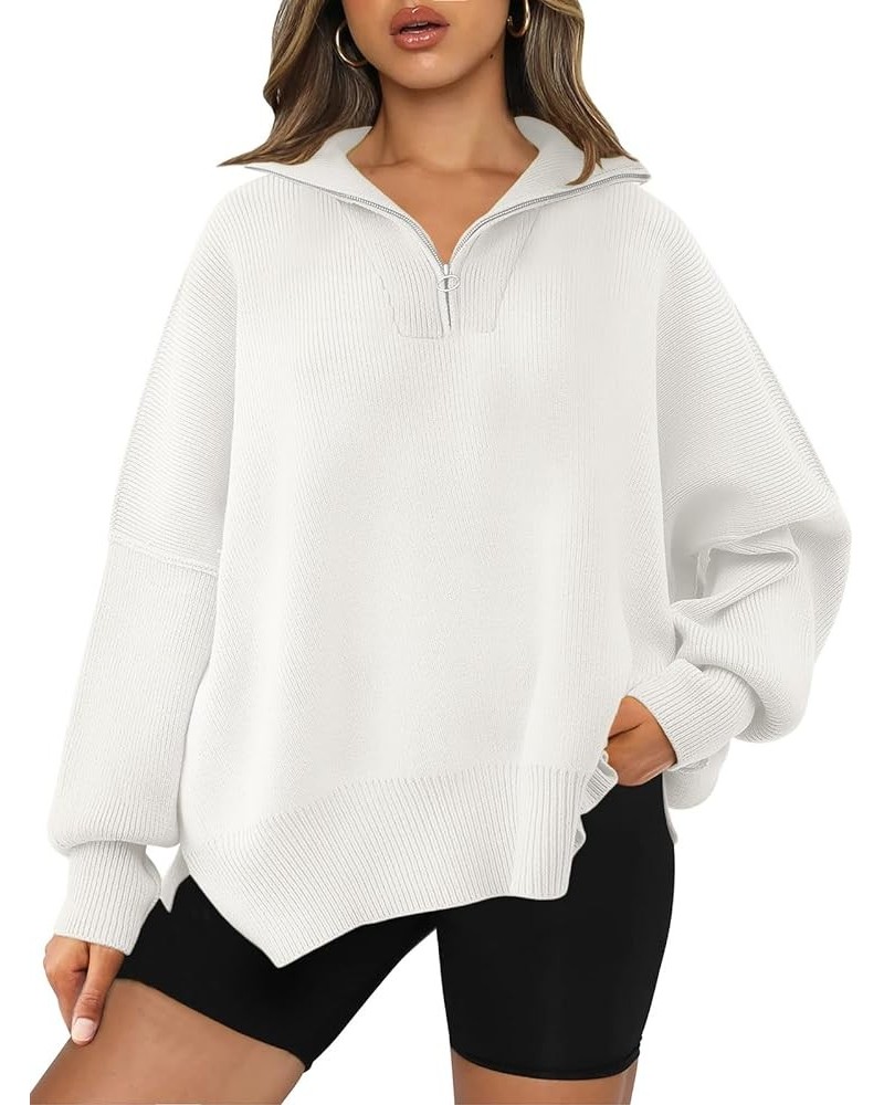 Women's Oversized Quarter Zip Pullover 2023 Fall Long Sleeve Collar Split Hem Slouchy Sweatshirt Knit Sweater White $18.89 Sw...