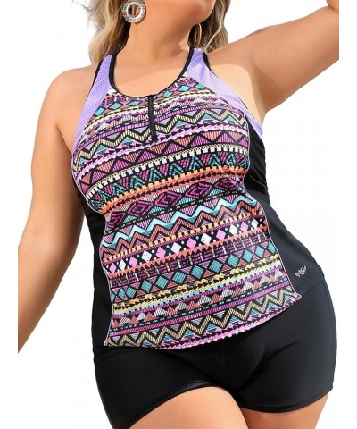 Plus Size Tankini Swimsuits Tops for Women Swim Top Only Tummy Control Bathing Suits Tops Zippered Swimswear Geometry $17.55 ...