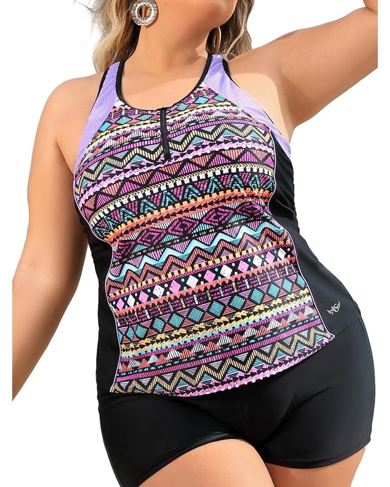 Plus Size Tankini Swimsuits Tops for Women Swim Top Only Tummy Control Bathing Suits Tops Zippered Swimswear Geometry $17.55 ...