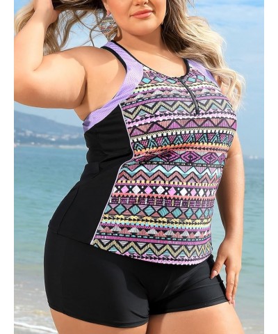 Plus Size Tankini Swimsuits Tops for Women Swim Top Only Tummy Control Bathing Suits Tops Zippered Swimswear Geometry $17.55 ...