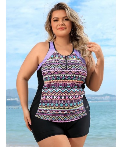 Plus Size Tankini Swimsuits Tops for Women Swim Top Only Tummy Control Bathing Suits Tops Zippered Swimswear Geometry $17.55 ...